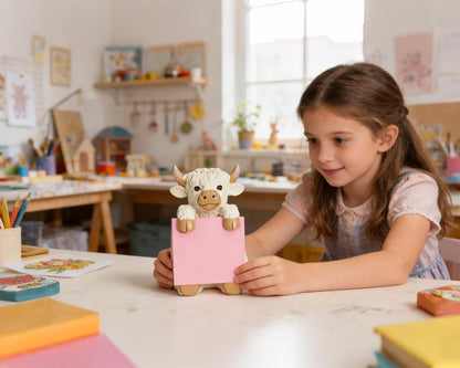 Highland Cow Pop-up Sticky Note Dispenser, Includes 1 Pad of 3x3 in Super Sticky Notes, 100 Sheets, Resin Cute Handmade Desk Holder for Office & Home-Beige