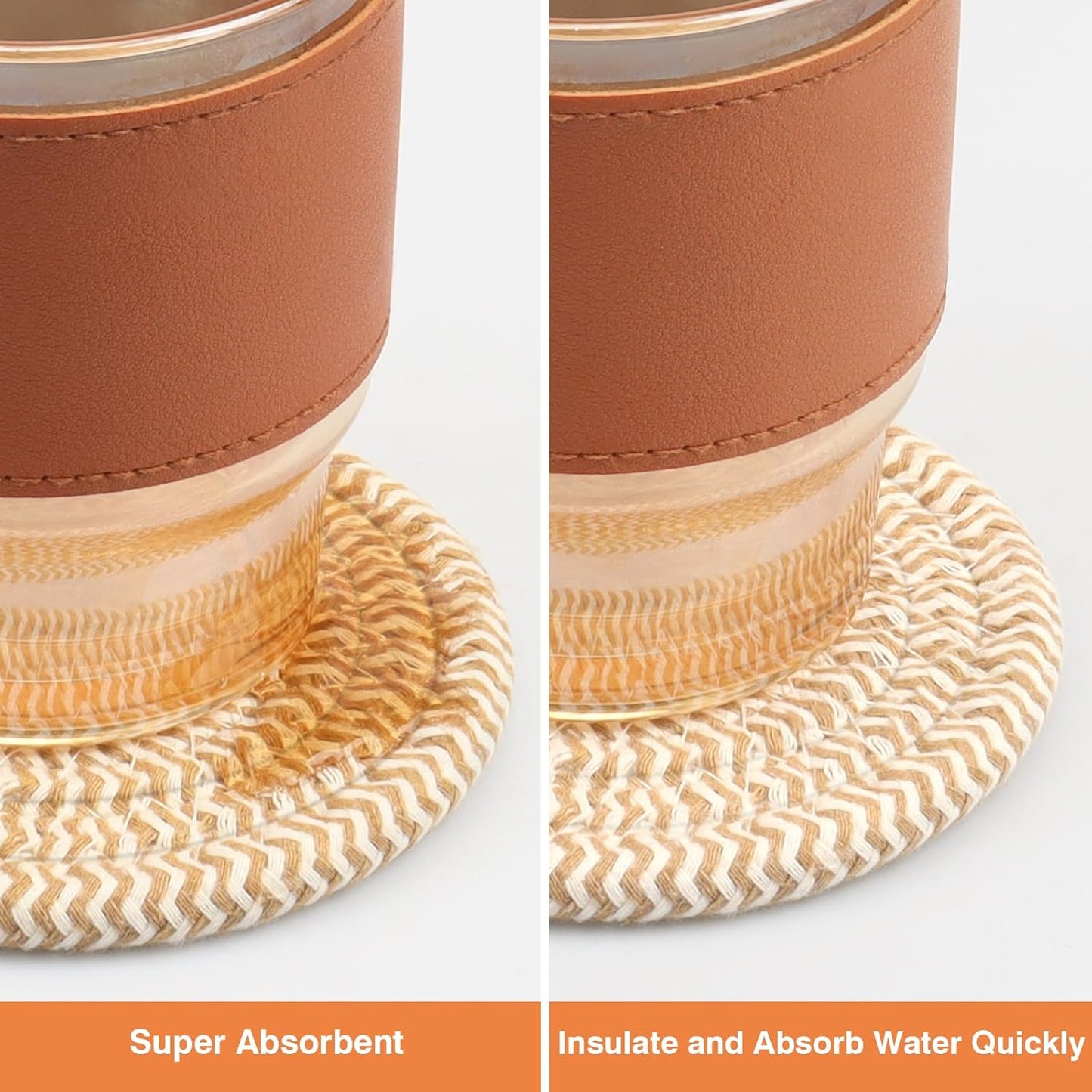4.8" Drink Cotton Coasters Set of 2 – Boho Woven Drink Pads for Coffee & Tea, Neutral Sandstone Blend Fabric Cup Mats for Desk, Table, Nightstand, Dorm, Giftable Absorbent Coaster Set (Latte)