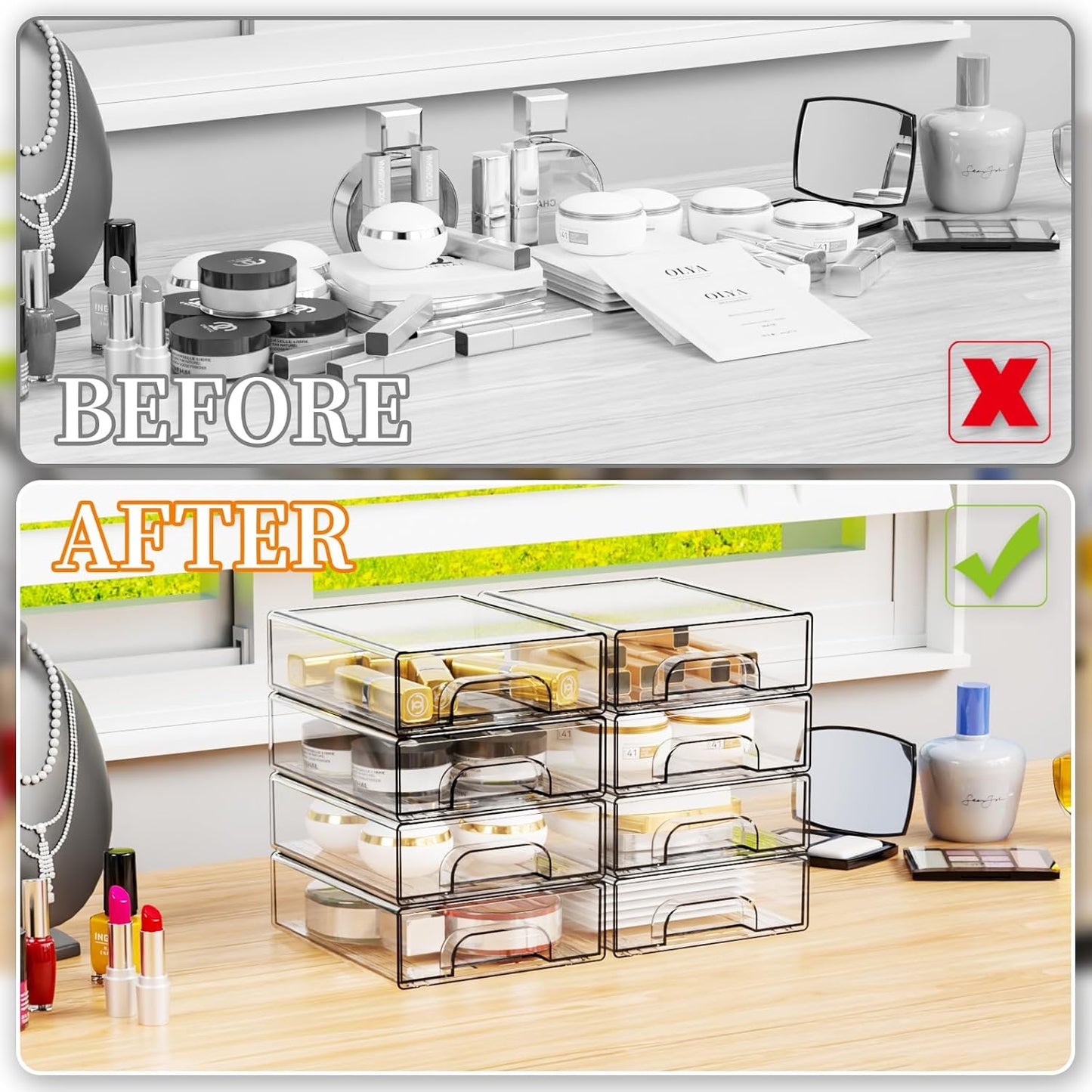 Yieach 8 Pack Small Clear Stackable Storage Drawers,2.2'' Tall Desk Organization and Storage,Plastic Office Supply Organizer,Acrylic Storage Containers for Makeup,Hair Clip,Accessory,Pen,Art Crafts