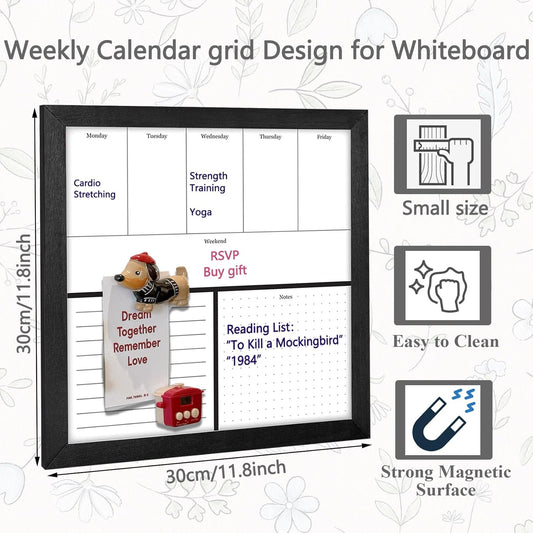 Umtiit Weekly Calendar Dry Erase Whiteboard 11.8 x 11.8 inch(30 x 30 cm), Black Wood Frame, Magnetic Surface Whiteboard for Planning/Schedule/School Timetable/Memo(ZLBB-3030BK,US)