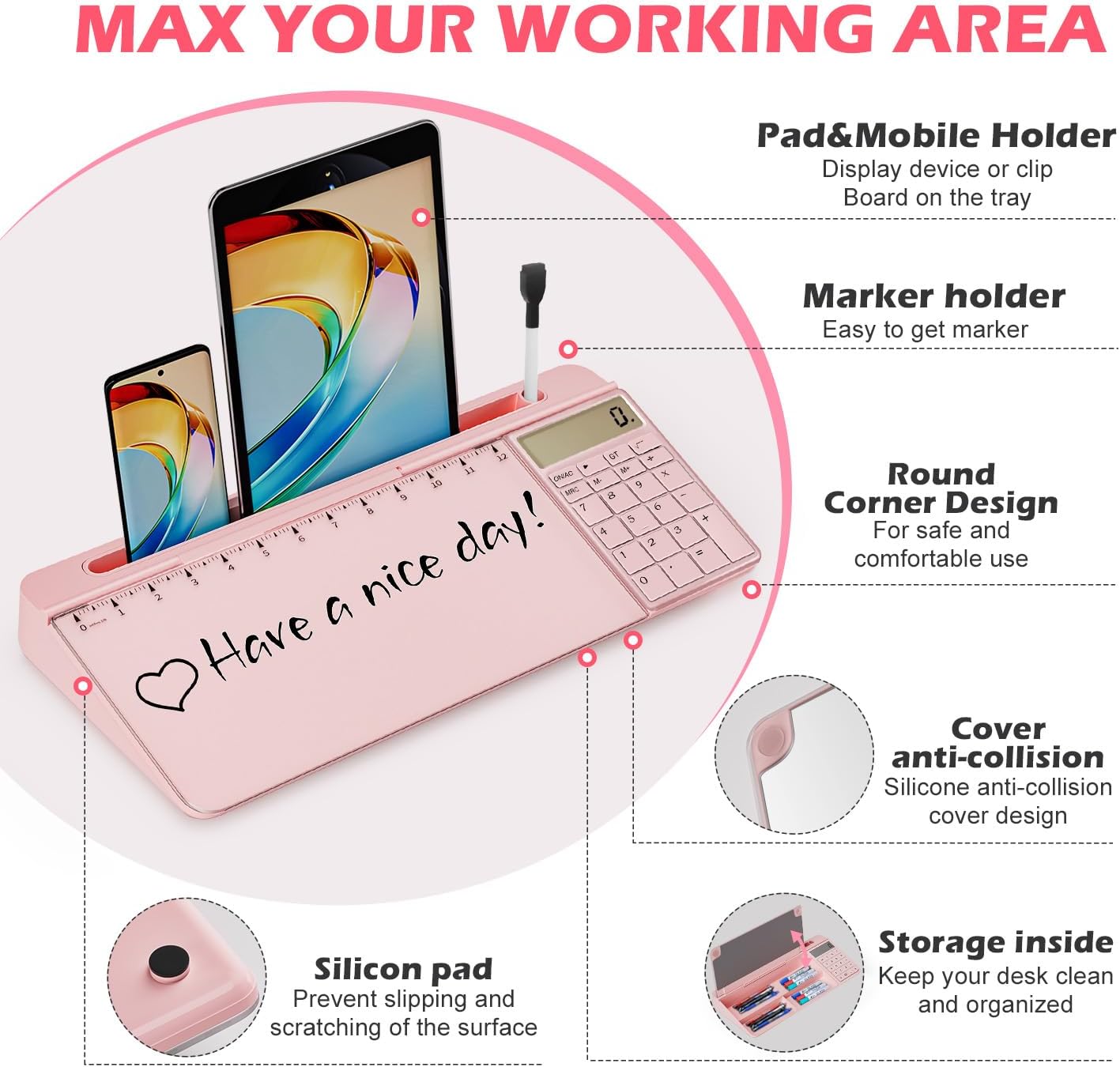 Desktop Glass Whiteboard with Mirror & Calculator(12 Digit LCD Display) & Ruler Marker,Tilted Computer Keyboard Stand with Dry Erase Board Surface, Desk Organizers with Accessories,Black