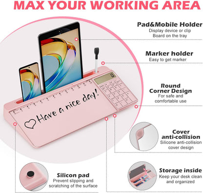 Desktop Glass Whiteboard with Mirror & Calculator(12 Digit LCD Display) & Ruler Marker,Tilted Computer Keyboard Stand with Dry Erase Board Surface, Desk Organizers with Accessories,Black