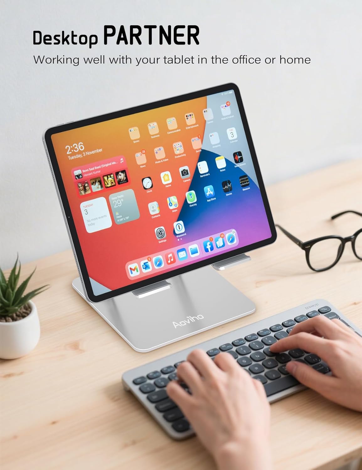 Aoviho Tablet Stand Holder for Desk, Adjustable Aluminum Desk Accessories, Stable Desktop Stand for Office Home,Compatible with iPad Pro Air Mini, Samsung Tablets, Rose Gold