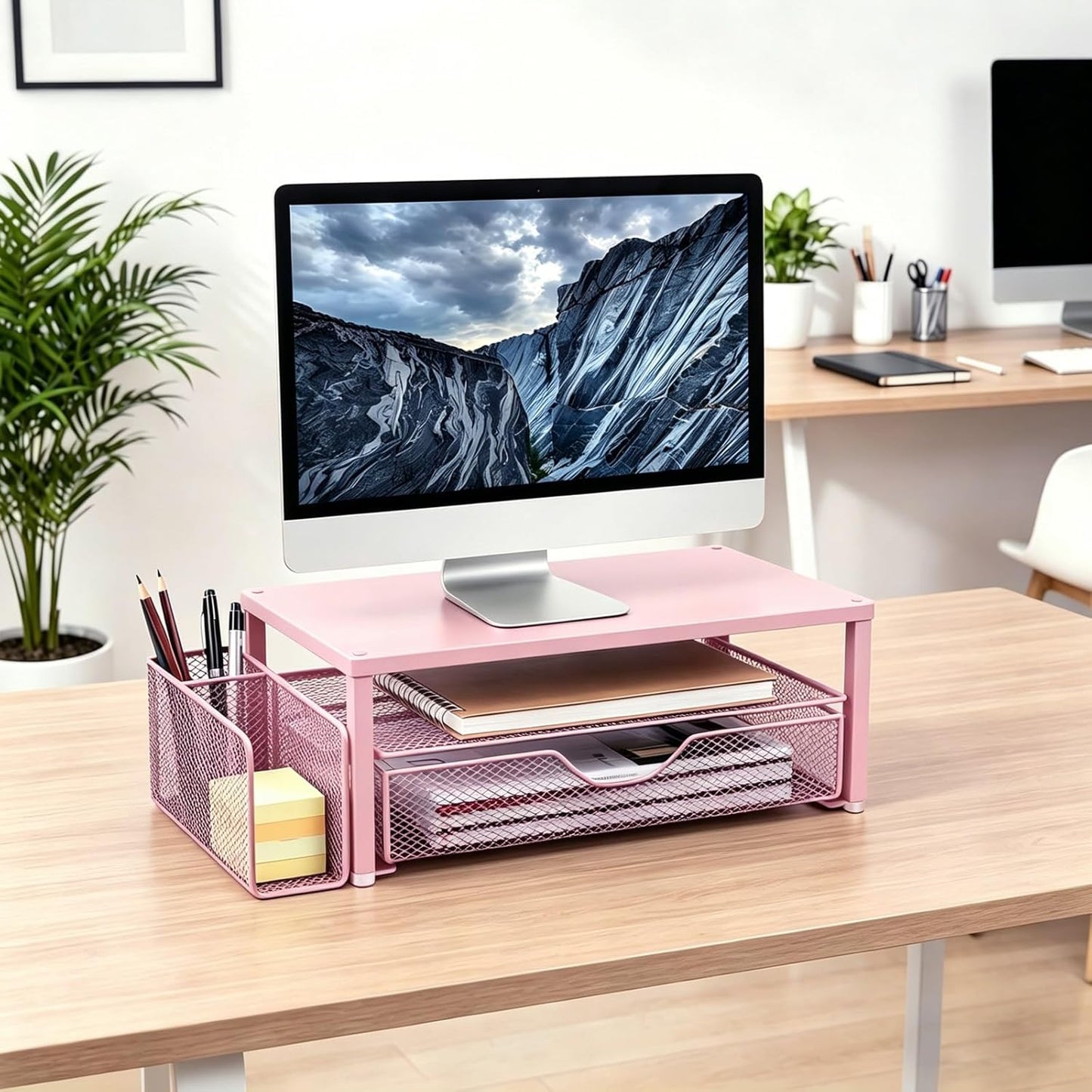 Spacrea Desk Organizer and Accessories, Computer Monitor Stand Riser with Drawer and 2 Pen Holders, Office Desk Accessories & Workspace Organizers for Office Supplies (Wood)