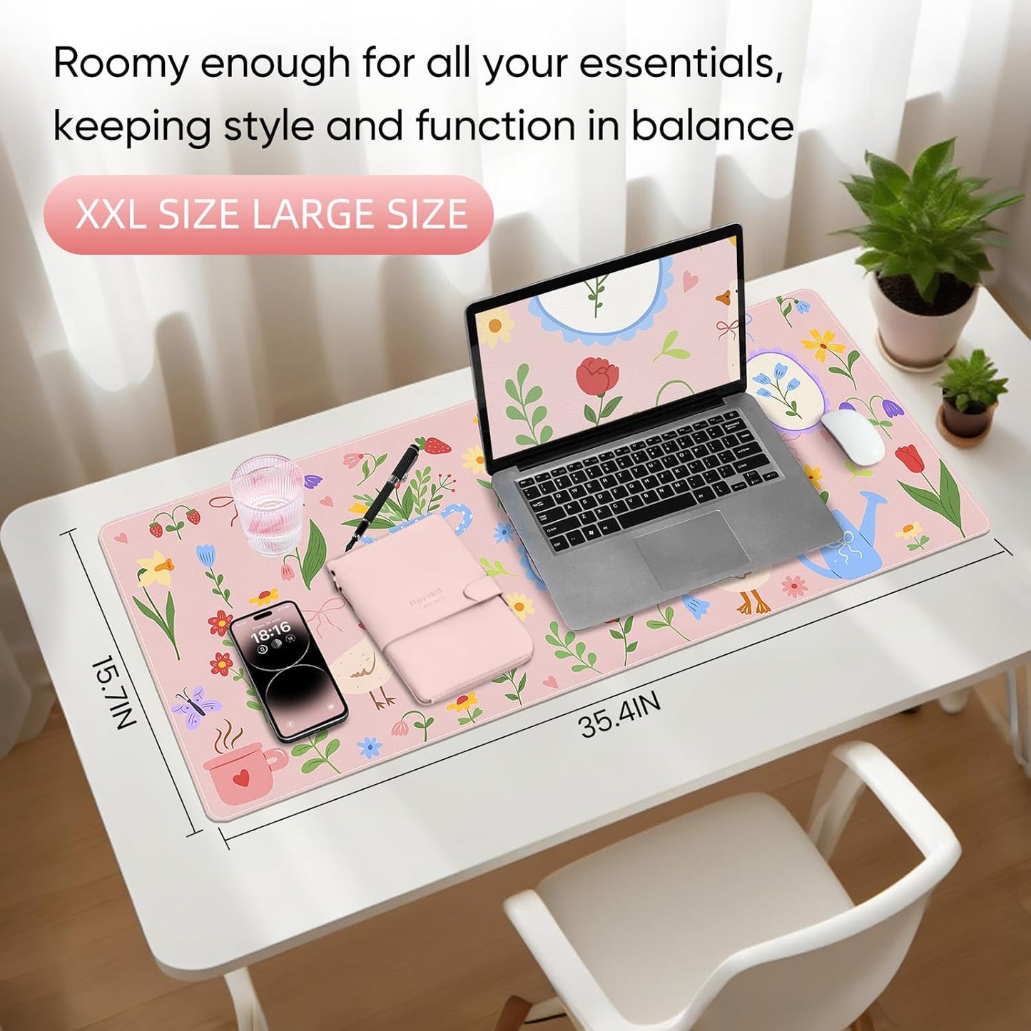 Pink Desk Mat, Leather Desk Pad Blotter Protector, XXL Large Mouse Pad,Computer Laptop Mouse Pads for Desktop,Waterproof Writing Anti-Slip Mousepad for Office and Home I Colorful Stickers