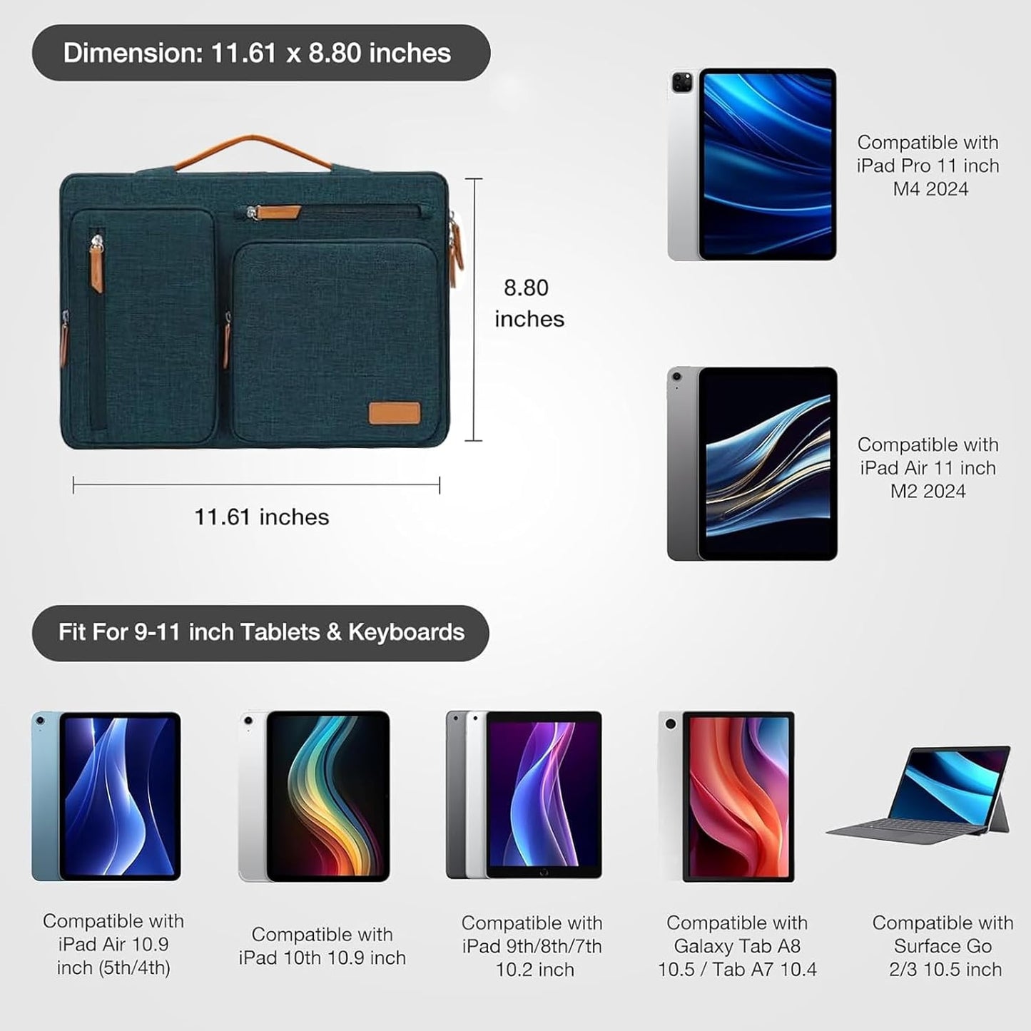 MOSISO 9-11 inch Tablet Sleeve Case for iPad A16 2025, iPad Air 11 inch M3 M2, iPad Pro 11 M4, iPad 10/9/8/7th, Galaxy Tab A9+/S9/S8/Plus 11, Side Open Carrying Bag with 4 Zipper Pockets, Black