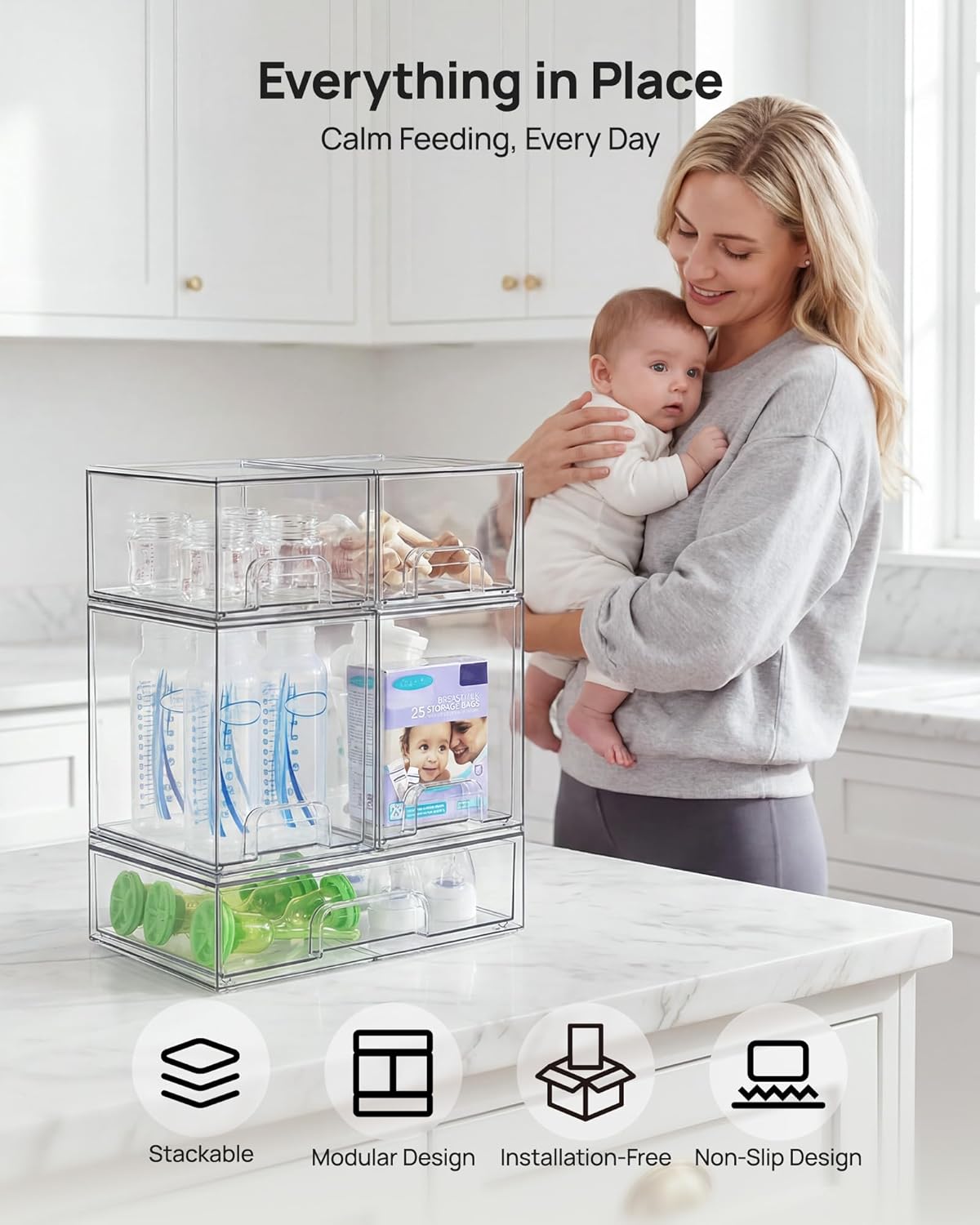 Vtopmart Stackable Storage Drawers Set of 3,Clear Plastic Organizer Bins for Makeup, Cosmetics, Beauty Supplies,Ideal for Vanity, Bathroom,Cabinet,Pantry Organization