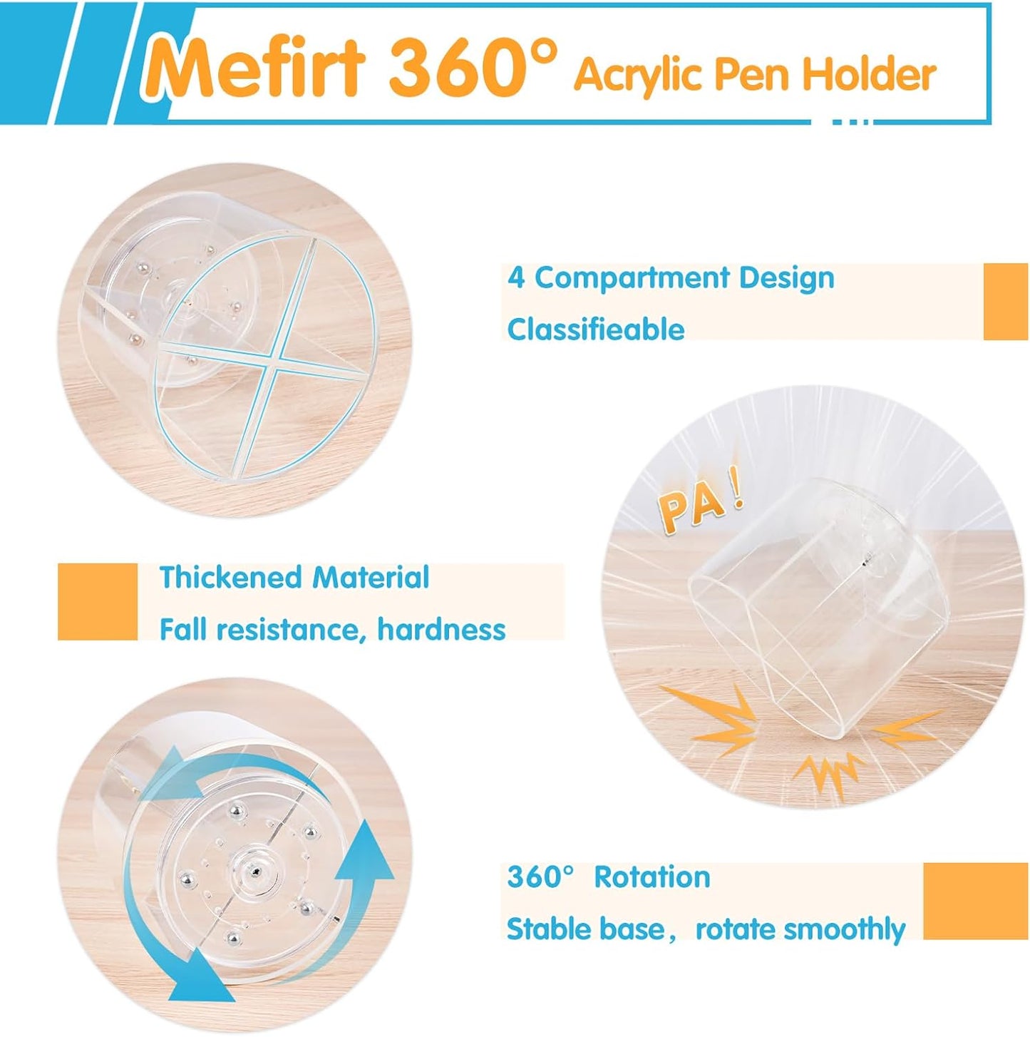 Mefirt Acrylic Pen Holder, 360 Degree Rotating Pen Organizer, Rotating Desk Acrylic Office Organizer with 6 Compartments, Marker Organizer for Kid, Crayon Caddy School Art Supply Storage Organizer