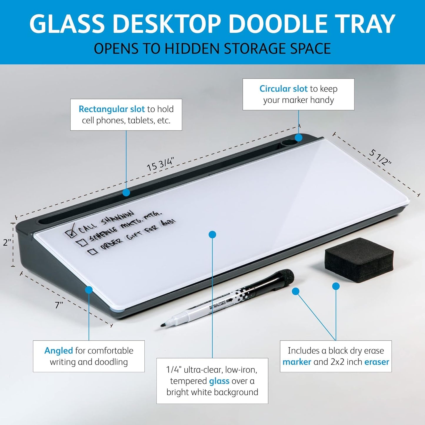 Glassboard Studio Glass Dry Erase Doodle Tray for Desktop Office Supply Storage - Marker and Eraser Included (8 Markers, White)