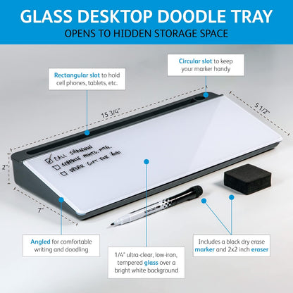 Glassboard Studio Glass Dry Erase Doodle Tray for Desktop Office Supply Storage - Marker and Eraser Included (8 Markers, White)