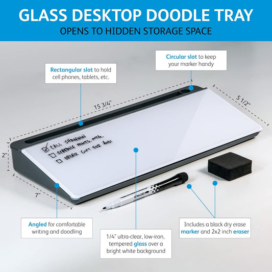 Glassboard Studio Glass Dry Erase Doodle Tray for Desktop Office Supply Storage - Marker and Eraser Included (8 Markers, White)