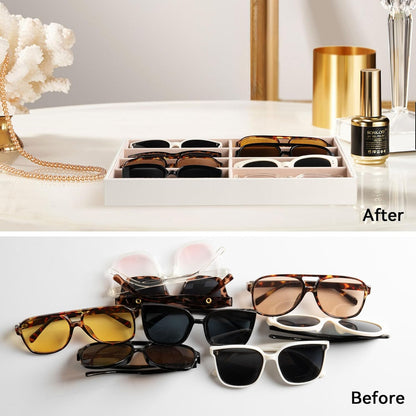 Frebeauty Sunglass Organizer,PU Leather Glasses Organizer,8-Slot Sunglasses Tray,Men's/Women's Sunglasses Box,Sunglass Case,13.3 x 9.6 x 1.5 Inches,Eyeglass/Eyewear Display Tray(Grey)