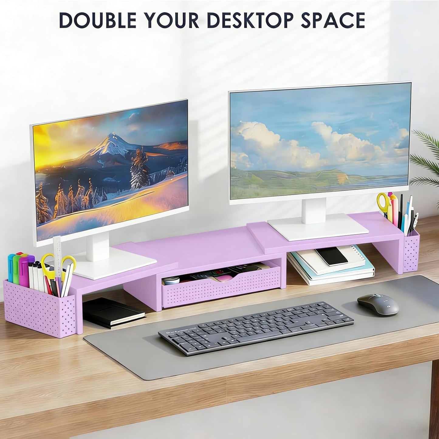 Spacrea Metal Desk Organizers and Accessories, Dual Monitor Stand Riser with Drawer and 2 Pen Holders, Desk Accessories & Workspace Desktop Organizers for Office Supplies (Wood)