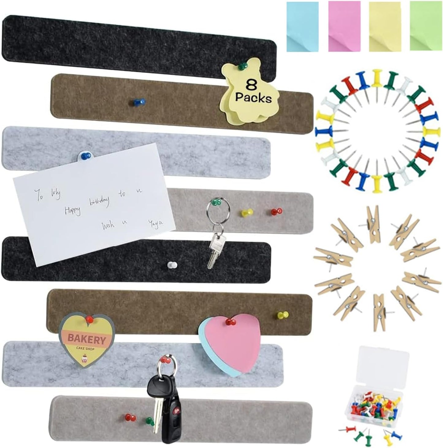 Vuzvuv 8 pcs Bulletin Board Bar Strips with 50 Pushpins & 10 Wooden Clip pins，Self Adhesive Cork Board for Wall，Felt Pin Board for School，Office Decor（Black White Grey）