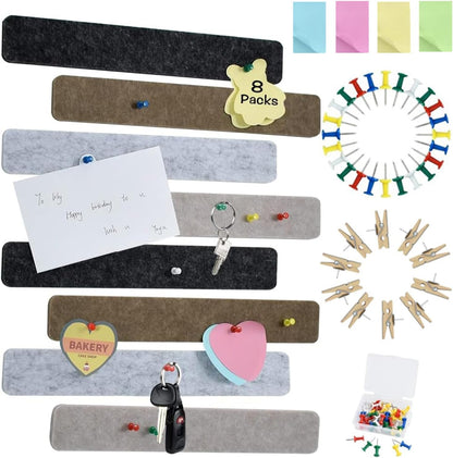 Vuzvuv 8 pcs Bulletin Board Bar Strips with 50 Pushpins & 10 Wooden Clip pins，Self Adhesive Cork Board for Wall，Felt Pin Board for School，Office Decor（Black White Grey）