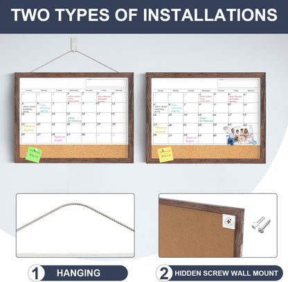Calendar Whiteboard for Wall, TANKEE 17x13 Inches Whiteboard Calendar Cork Board Combo, Small Magnetic White Board with Wood Framed, Hanging Dry Erase Board for Kitchen Home Office School Planner