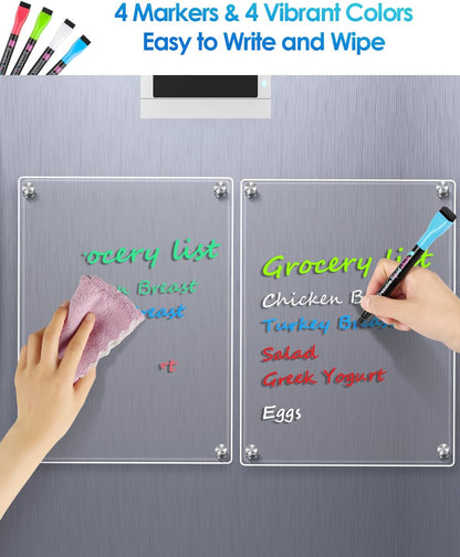 MaxGear 12"x8" Acrylic Magnetic Whiteboard for Fridge, Small Clear Refrigerator Dry Erase Board with 4 Markers and 1 Cloth, Smooth Writing and Easy Cleaning Blank Memo Grocery List for Home Planner