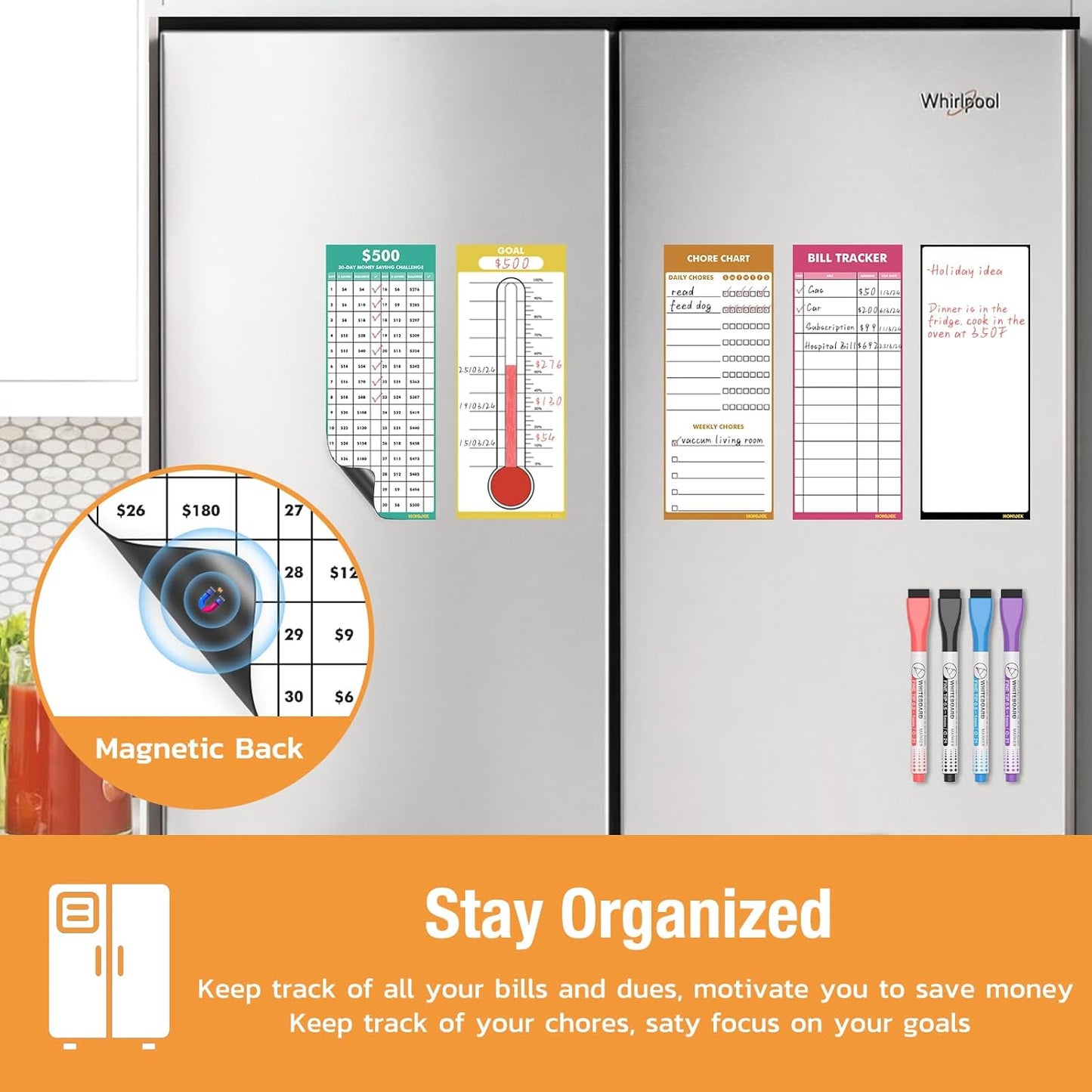 HOMiDEK Dry Erase Whiteboard for Fridge - Magnetic White Board for Refrigerator - 2 Sheets of Weekly Calenders, Monthly Habit Tracker, Memo Pad, to Do List and 4 Markers - 4" x 10"