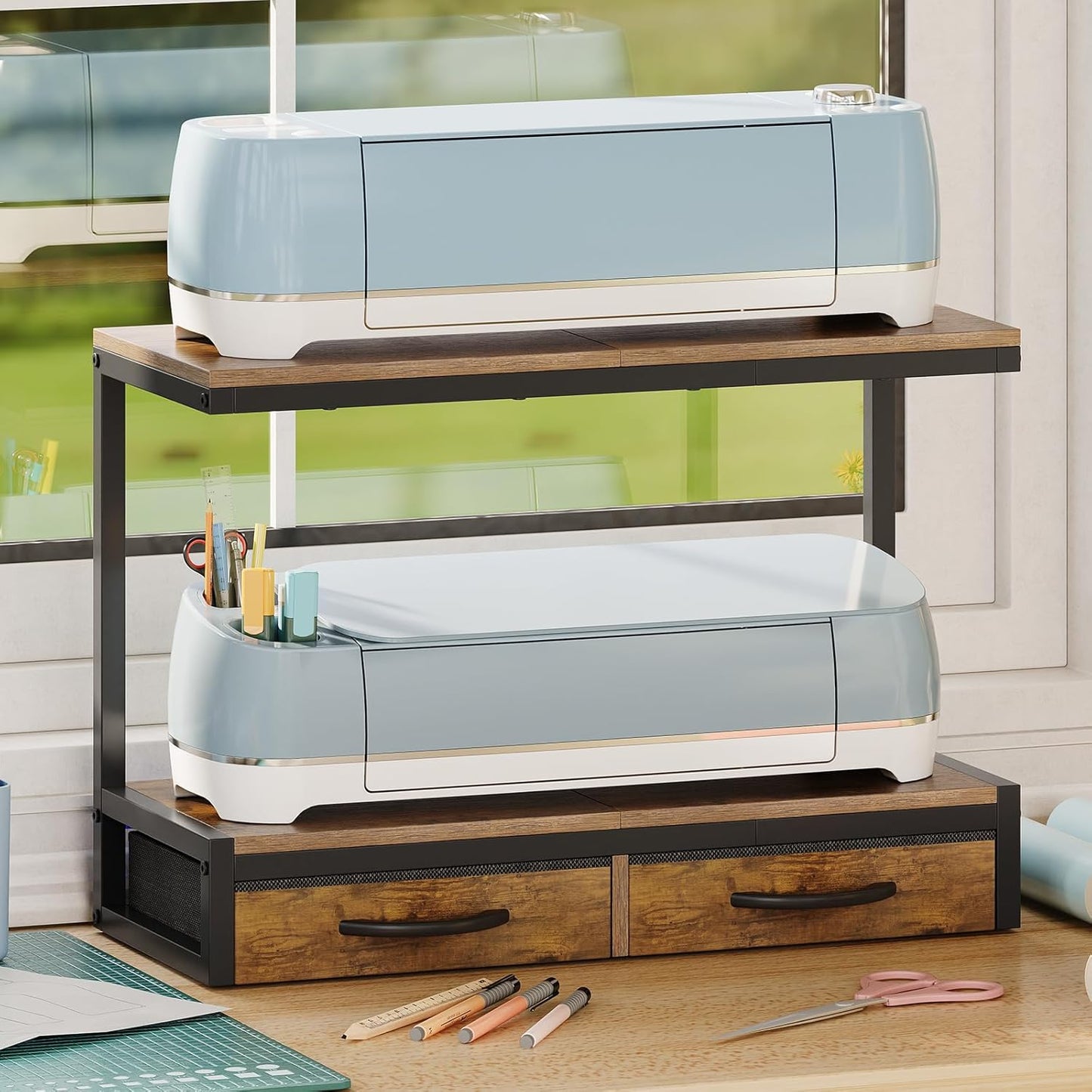 VENNQD Stand Compatible with Cricut Maker and Cricut Explore Air Series Stand Legs for 2 Cricut Machines Fully Open 2 Tier Desktop Craft Accessories Storage Organizer (White)