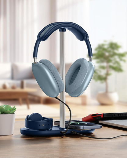 HiWe 4-in-1 RGB Gaming Headphone Stand with Dual Controller Holder, Wireless Charger for iPhone/Apple Watch, USB-A & USB-C Outputs, Adapter Included, Black