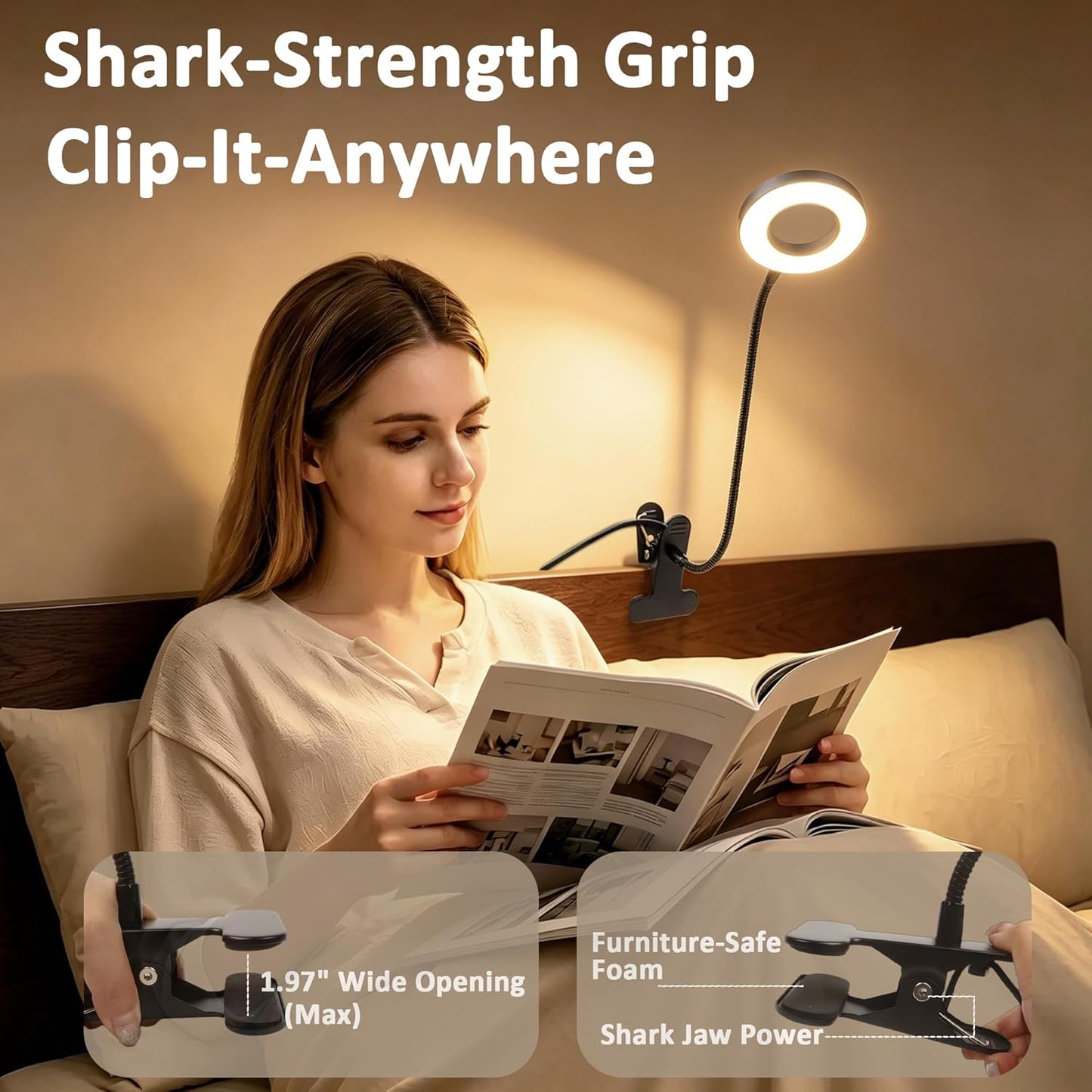 Akynite Desk Lamp Clip on Light, 48 LED USB Clamp Lamp with 5 Color Modes 10 Brightness Levels, 360° Flexible Gooseneck Eye Protection Reading Book Lights for Home Office Study, Adapter Included