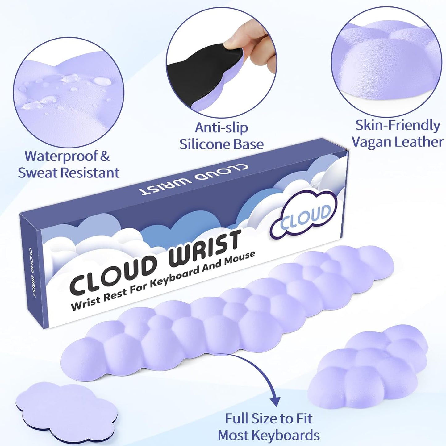 Sushret Cloud Wrist Rest for Keyboard and Mouse, Memory Foam PU Leather Keyboard Wrist Rest with Ergonomic Support, Non-Slip Base, Cute Arm Rest Pad & Palm Cushion, Office Desk Accessory, Purple