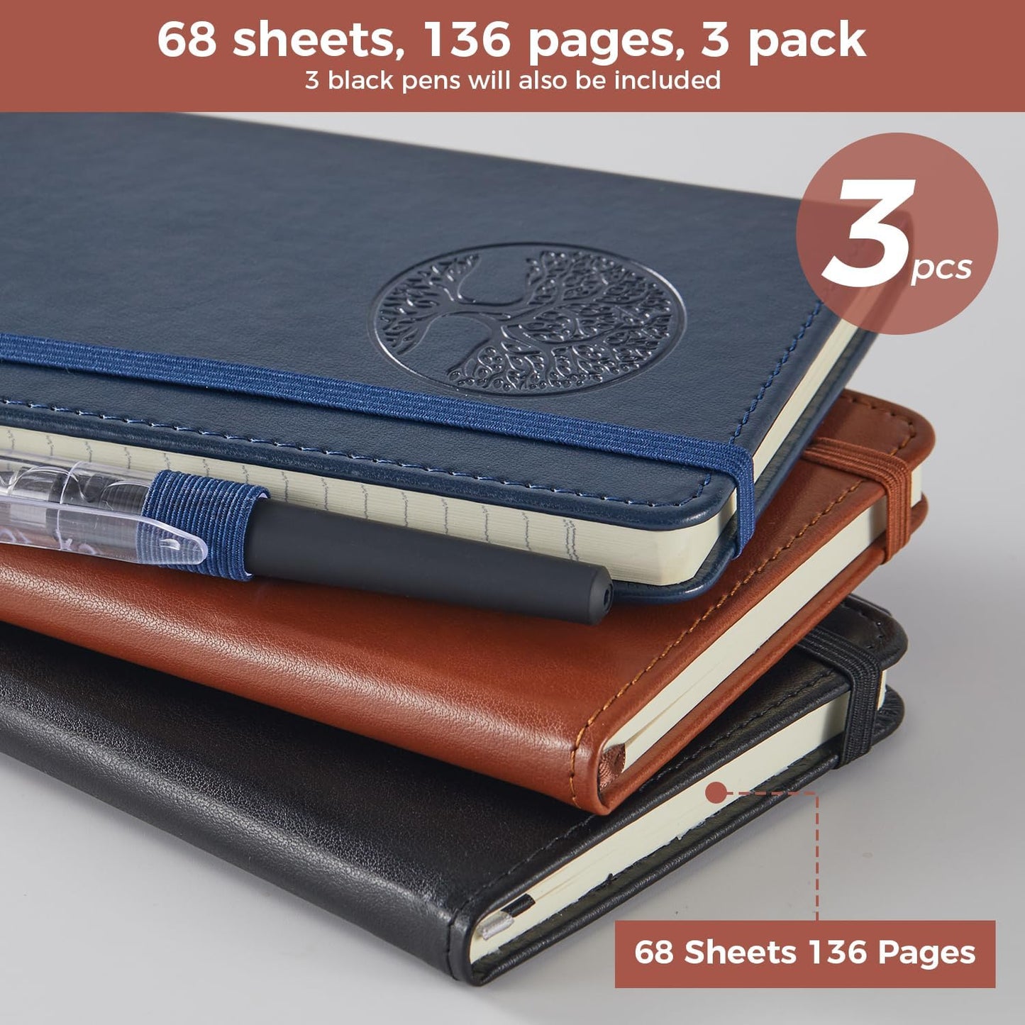 NIRMIRO 3 Pack Pocket Notebook Journals, Small Notepad Notebooks for Note Taking, A6 Mini Note pads with Pen Holder, 408 Lined Pages, 3.7" x 5.7", Black, Brown, Blue
