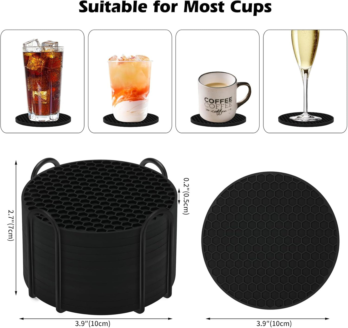 TWTLi Silicone Coasters Set of 8 with Holder,Coasters for Drinks,Beer,Coffee Coasters,Suitable for Kinds Cups,Hot or Cold,Anti-SLI,Non-Stick,Anti-Overflow Tabletop Protection and Decor (8 Pcs, Black)