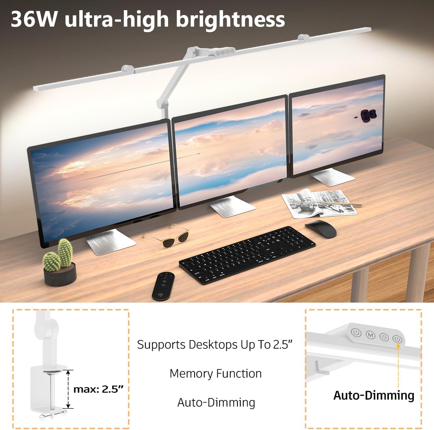 3000 Lumen Ultra Bright Architect Desk Lamp with Clamp, 36W Tall Overhead Led Desk Light for Home Office, 47Inch Long Dimmable Computer Monitor Light Bar with Remote for Table Desktop Drafting
