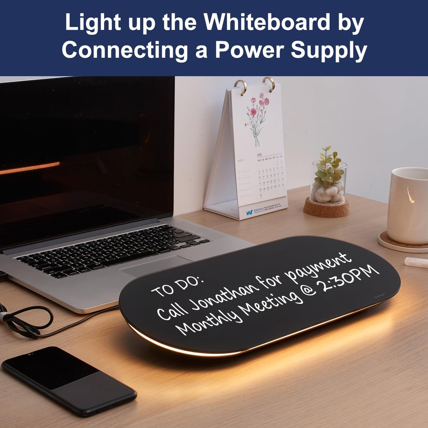 TSJ OFFICE Glass Desktop Whiteboard - 17 X 7 Inches Small Dry Erase Board with Green Light, Black Glass White Board Surface Notepad with 1 Drawer, Desk Organizers for Office, Home, School Supplies