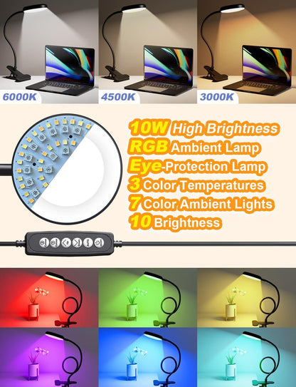 Desk Lamp with Clamp-10W，2-in-1 with RGB Ambient & Warm White Light,Book Reading Light Color Changeable/Flexible Gooseneck LED Lamps Clip on Bed Headboard and Computers 800LM-Black