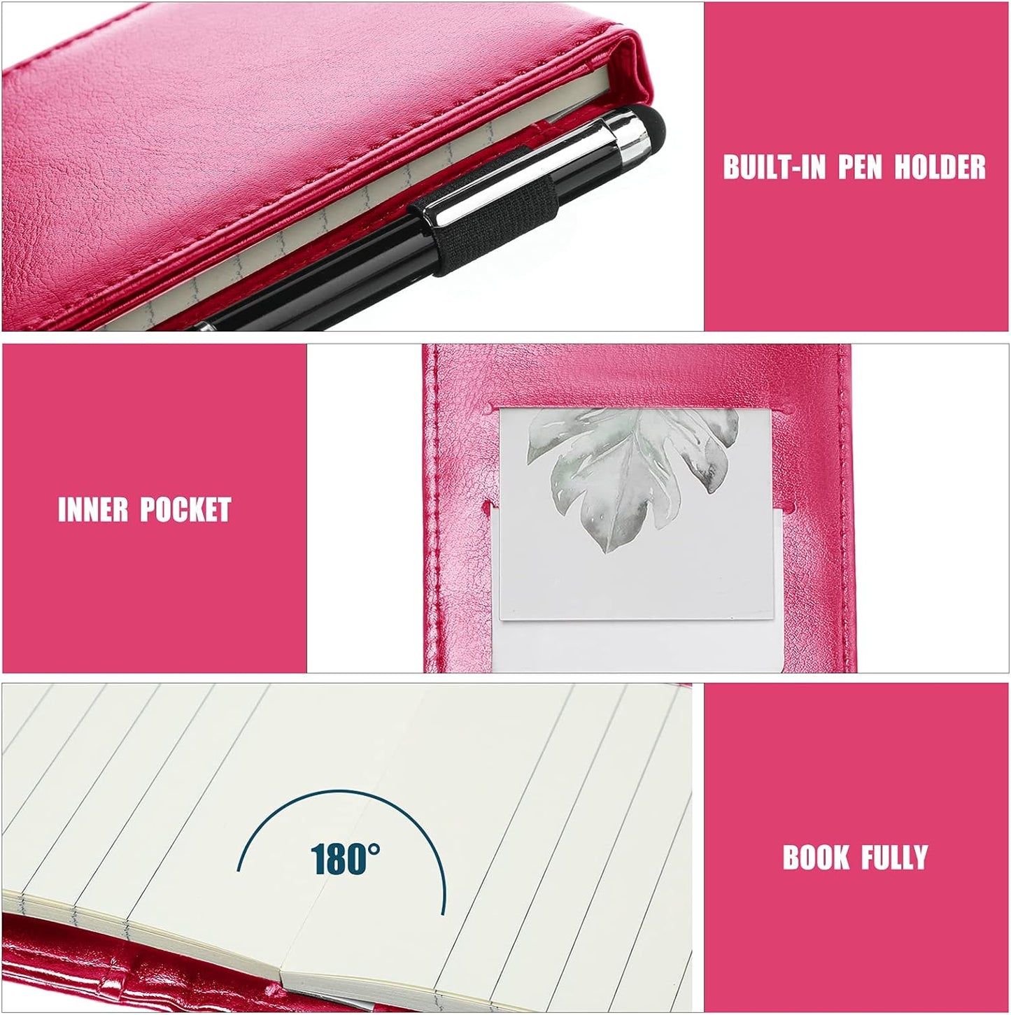 Outus 10 Pcs Mini Pocket Notepad Holder Set Included Small Leather Pocket Notebook Holder with 50 Lined Sheets, Metal Pen, 8 Pcs 3 x 5 Inch Memo Book Refills, 30 Lined Paper Per Note Pad (Black)