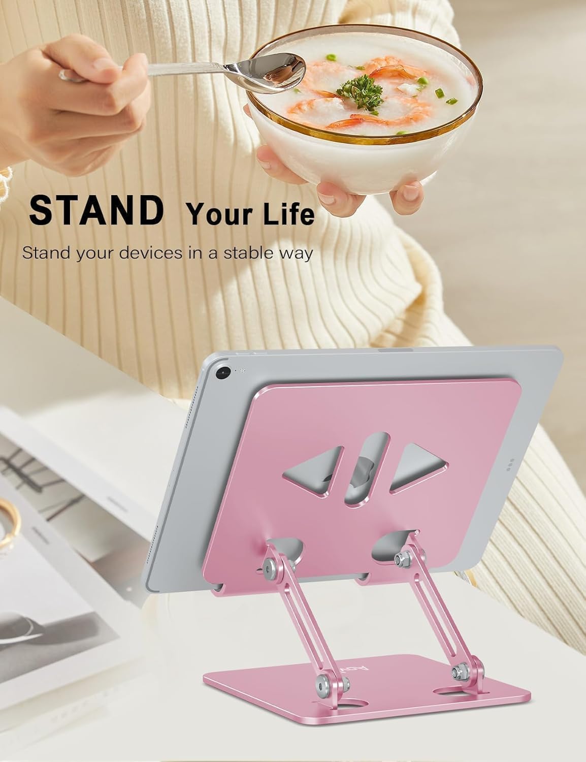 Aoviho Tablet Stand Holder for Desk, Adjustable Aluminum Desk Accessories, Stable Desktop Stand for Office Home,Compatible with iPad Pro Air Mini, Samsung Tablets, Rose Gold