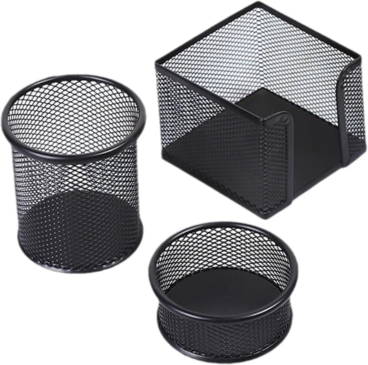 3pcs Pen Holder for Desk, Metal Mesh Pen Cup Paper Clip Holder Memo Pad Holders Stationary Organizer for Desk, Desk Accessories for Office School Home(COLOR:black)