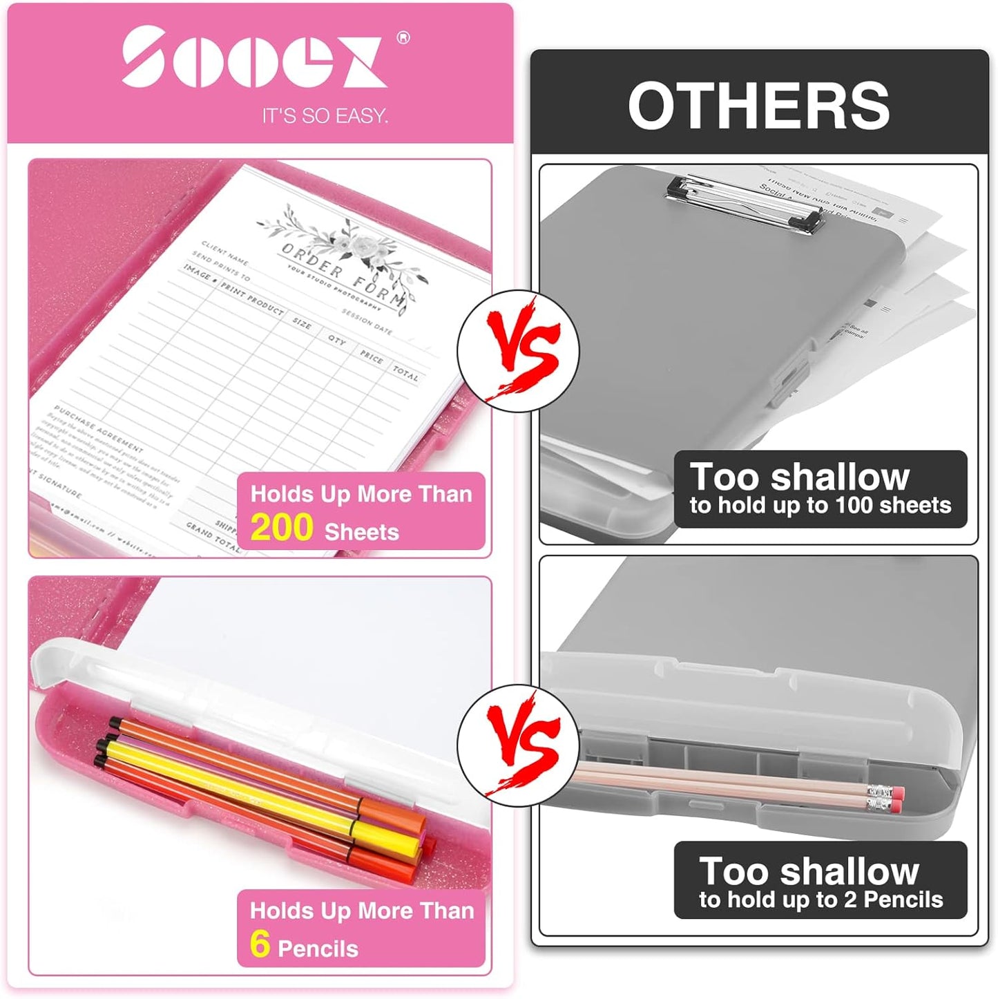 Sooez Clipboard with Storage, Clip Board 8.5 x 11 with Pen Holder, Plastic Organization Case Box for Letter Legal A4 Size Paper, Low Profile Clip, Nurses Teachers Must Haves, School & Office Supplies
