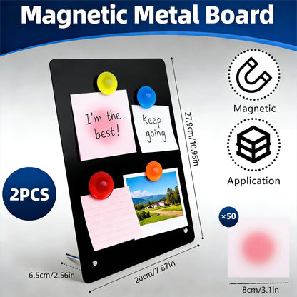 2 Pcs Magnetic Board, Black Magnet Message Board, 11"x7.8"Metal Magnetic Bulletin Board with 50pcs Memo Sheets and 8pcs Magnets, Magnet Display for Home, School, Kitchen, Office(Square,White)