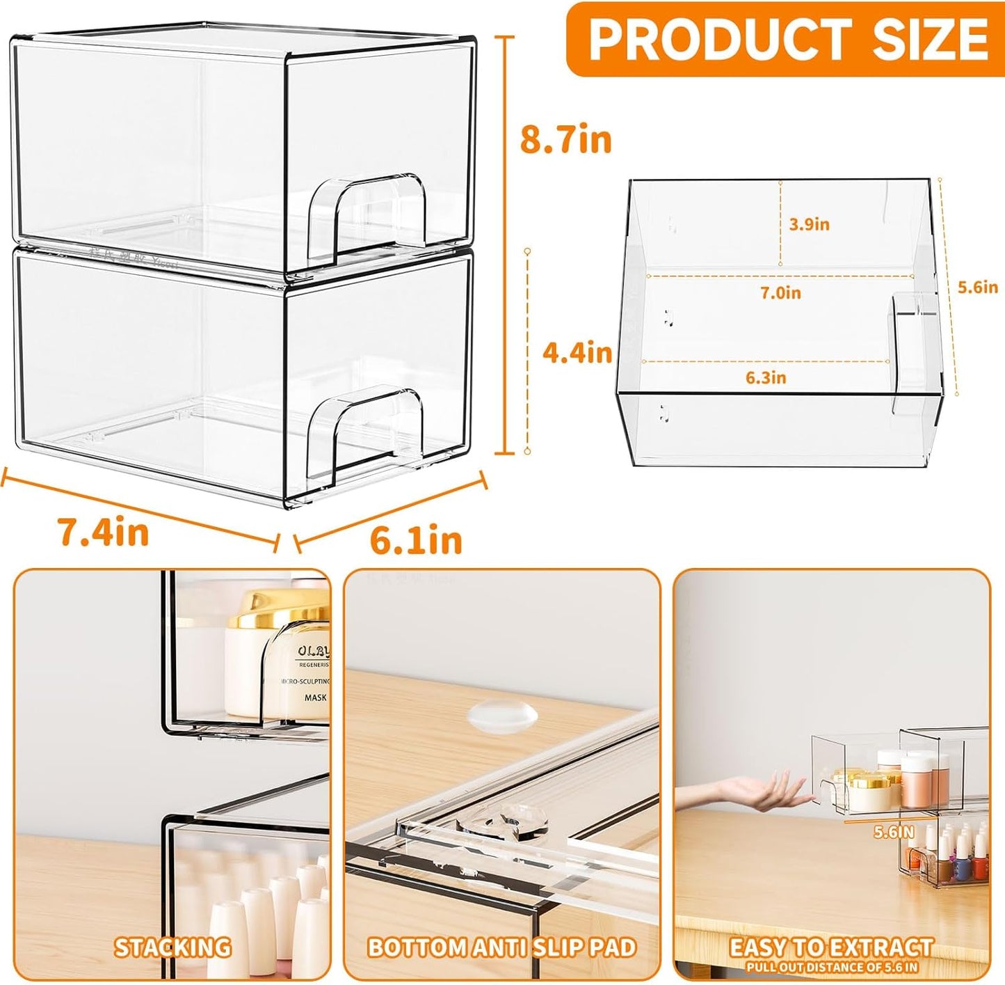 Yieach 8 Pack Small Clear Stackable Storage Drawers,2.2'' Tall Desk Organization and Storage,Plastic Office Supply Organizer,Acrylic Storage Containers for Makeup,Hair Clip,Accessory,Pen,Art Crafts