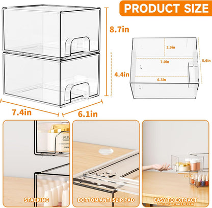 Yieach 8 Pack Small Clear Stackable Storage Drawers,2.2'' Tall Desk Organization and Storage,Plastic Office Supply Organizer,Acrylic Storage Containers for Makeup,Hair Clip,Accessory,Pen,Art Crafts