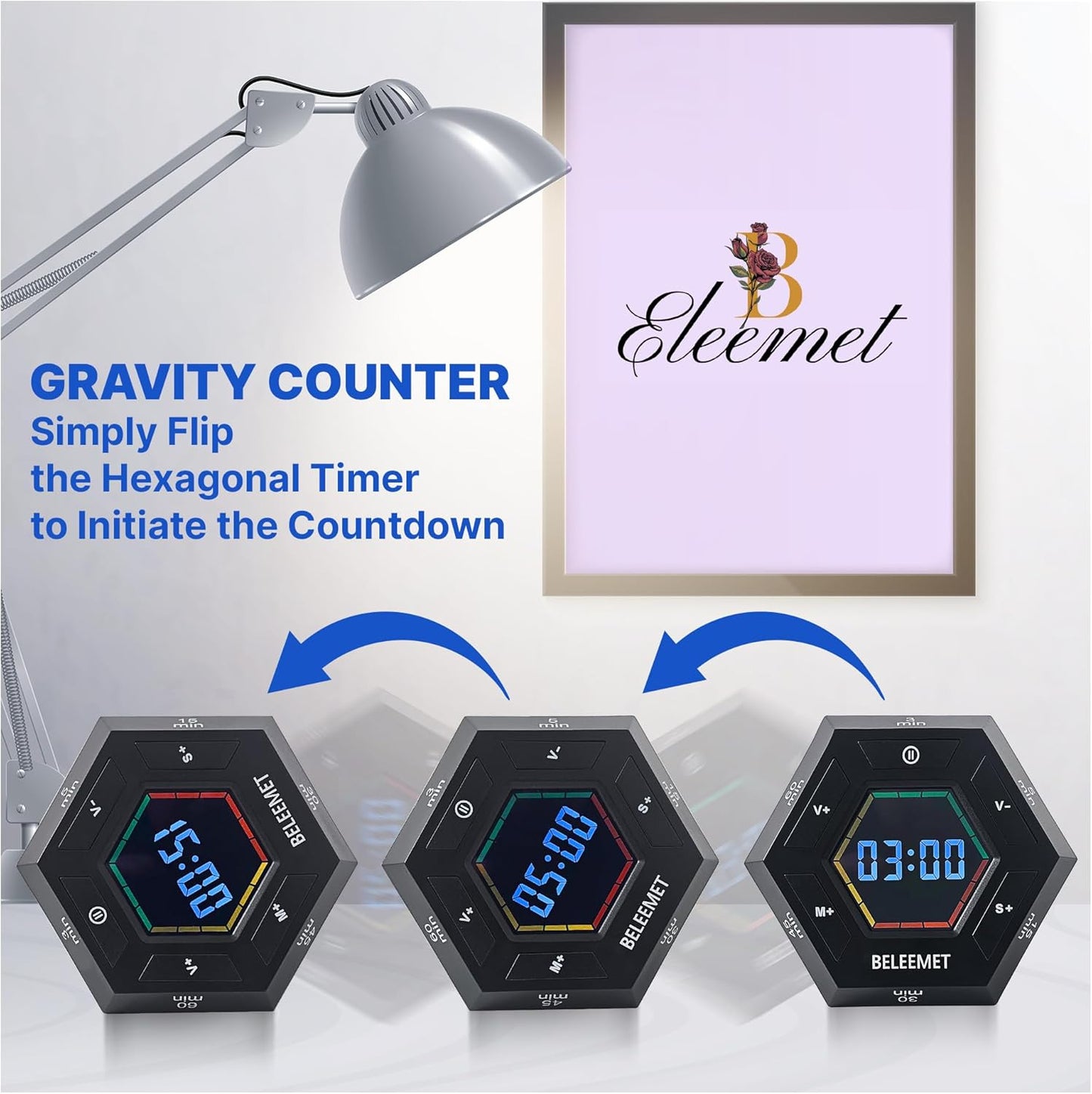 Pomodoro Timer,Hexagon Cube Magnetic Flip,ADHD Tools for Adults/Kids Task Timer for Office, Study, Exercise, Meditation,3/5/15/30/45/60min&Custom Digital Countdown, Adjustable Sound,Black