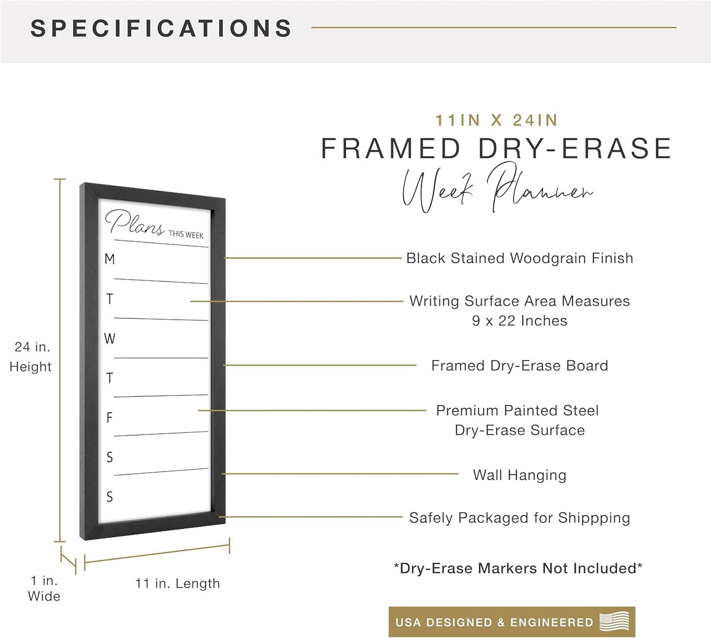 MCS Dry Erase Weekly Planner 11x24 Walnut Framed Calander Whiteboard for Wall, Plan Your Week with Family Weekly Planner for Dinners, Sports, Events & More