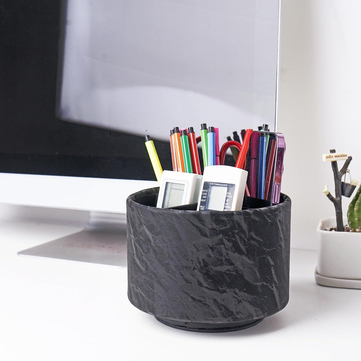 Round Leather Art Supply Organizer,Remote Control Holder,360 Degree Rotating,Multi-Functional Pencil Holder,4 Compartments Desktop Stationary Organizer(1-Fractal Flower) | Round - Colors B