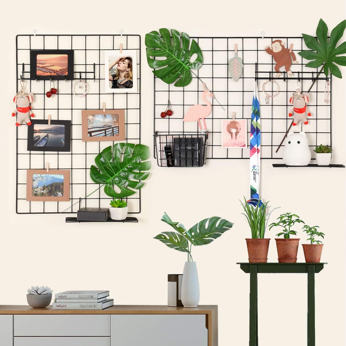 Wall Photo Grid Shelf, Wall Hanging Ins Art Display Grid Panel for Decor & Storage, Metal Wire Notice Boards & Memo Board, Mesh Tool Organiser, Wall Photo Frame 2 Pcs (Black, 15.7 x 31.5 inches)