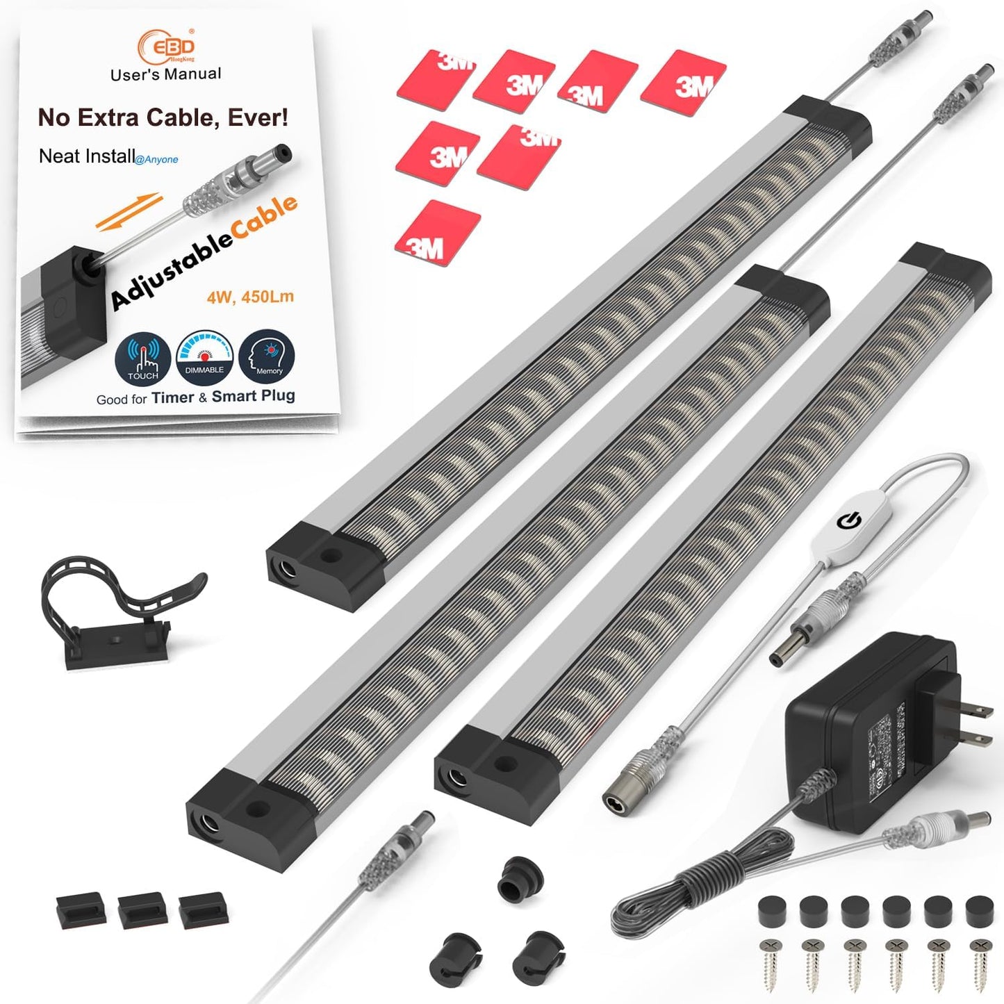 EBD LED Light Bar Built-in Adjustable Cable 12 Pcs Corner Input Under-Counter Light fixtures Work Bench linkable Touch Lights 3000K 5400 Lm Super Bright for Pantry Garage Shelves Closet Shelf