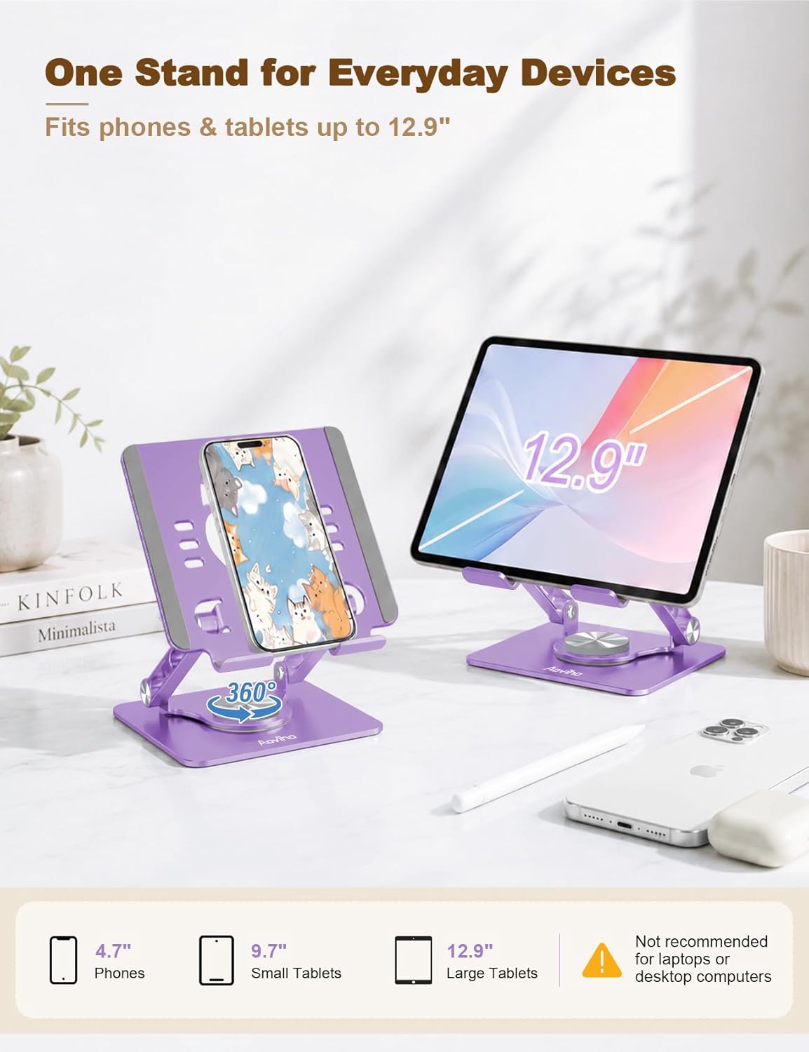 Aoviho Tablet Stand 360° Rotating Aluminum Holder - Adjustable, Portable & Foldable Monitors Stand for iPads, Compatible with 4-13.3" Tablets, Purple