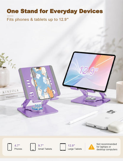Aoviho Tablet Stand 360° Rotating Aluminum Holder - Adjustable, Portable & Foldable Monitors Stand for iPads, Compatible with 4-13.3" Tablets, Purple
