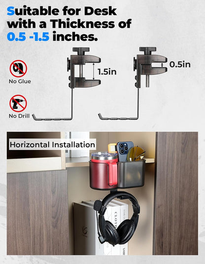 KEMIMOTO Desk Cup Holder with Headphone Hanger, 2 in 1 Caddy Organizer for Office Table, Lawn Chair, Golf Cart, Pontoon Boat, Fit for Most 18-32 oz Bottles (1)