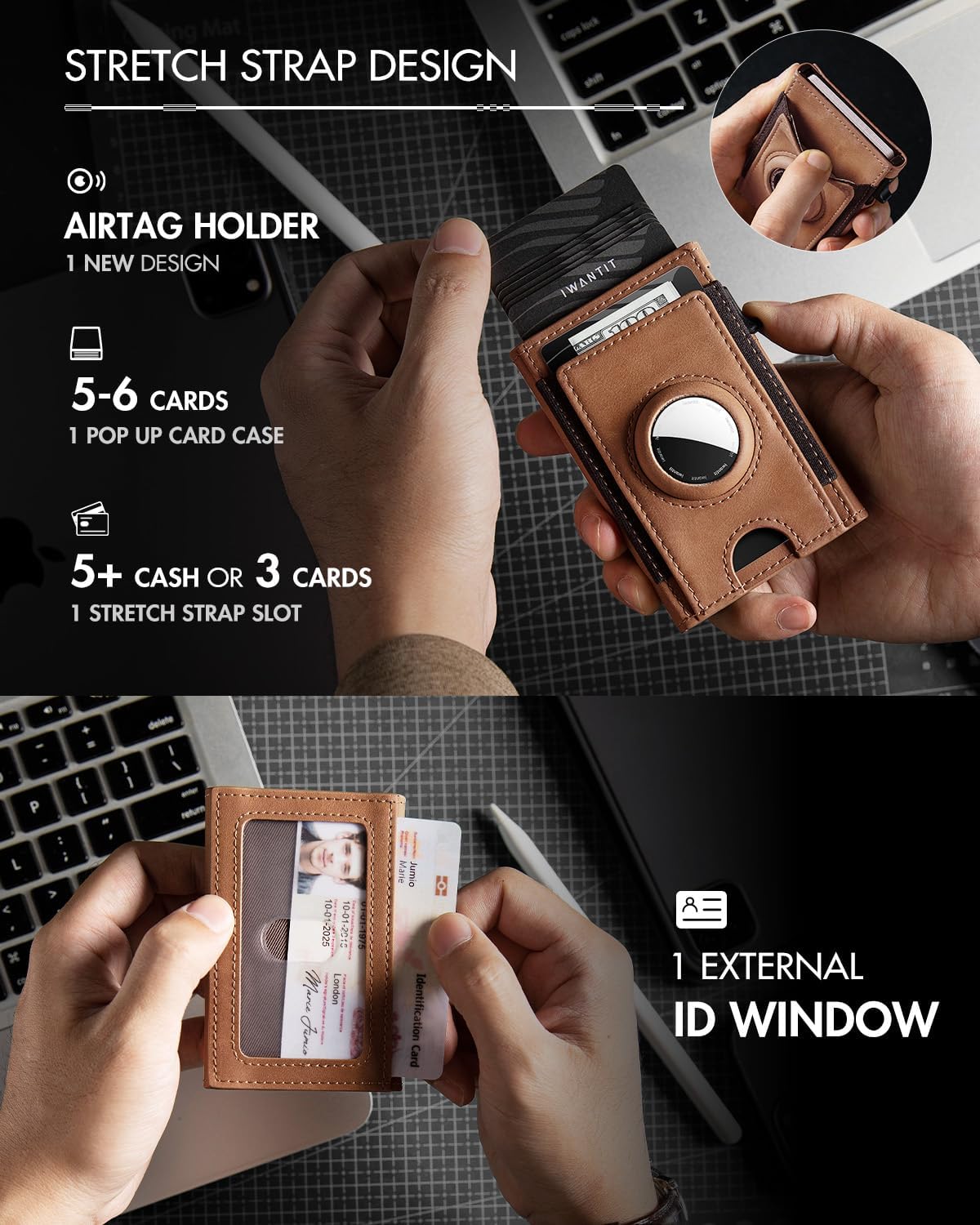 iwantit Slim Airtag Wallet for Men: Compatible with Apple Air tag (1st & 2nd Generation), Front Pocket Smart Pop Up Credit Card Holder with AirTag Holder ID Window, RFID Blocking(Brown)