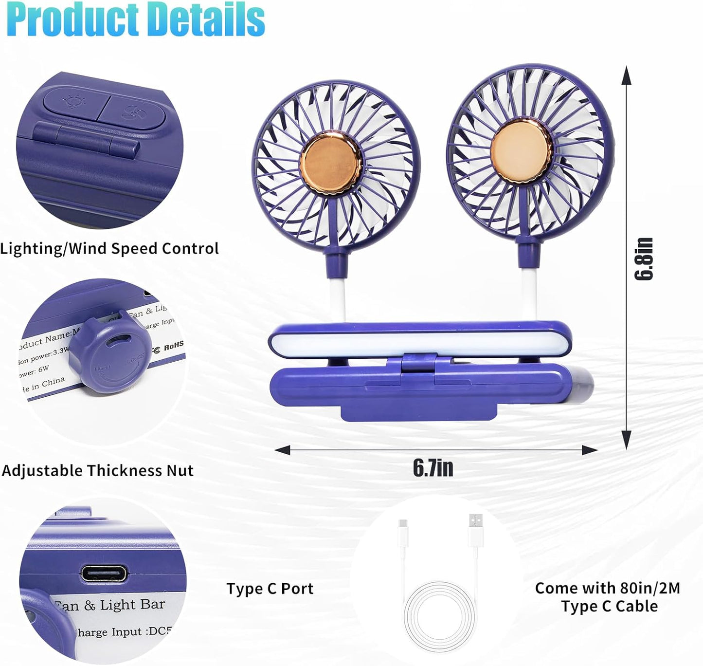 Monitor Fan with LED Lights, USB Desktop Fan with 2 Rotatable Heads, 3 Speeds Desk Fans Small Quiet with Sturdy Adjustable Clamp, Strong Wind Office Personal Cooling Fans for Laptop, Desktop.