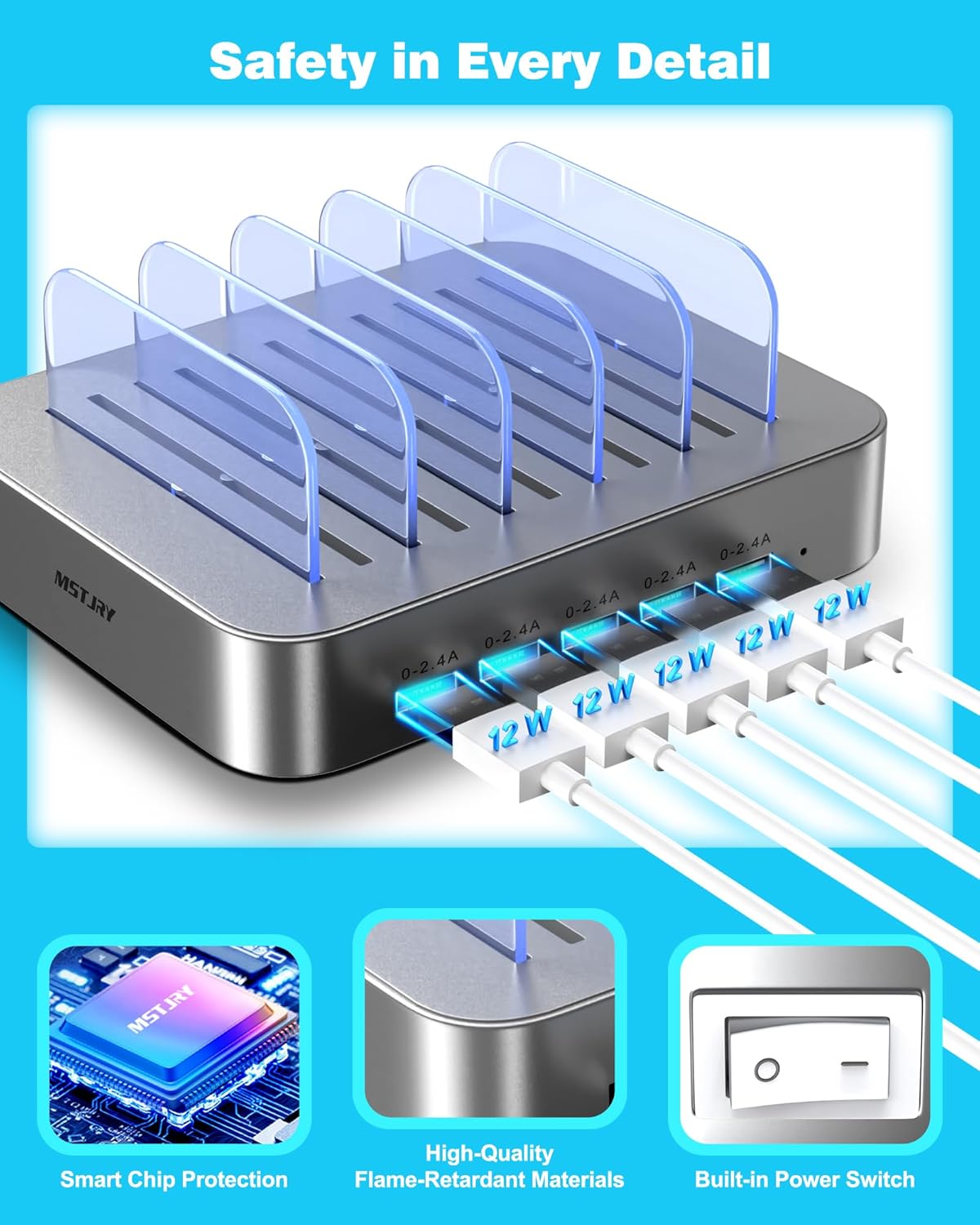 MSTJRY Charging Station for Multiple Devices : 5 Port Multi USB-A Charger Stations Multi-Device Organizer Charging Dock Designed for iPhone iPad Cell Phone Tablets (7 Short Cables Included)