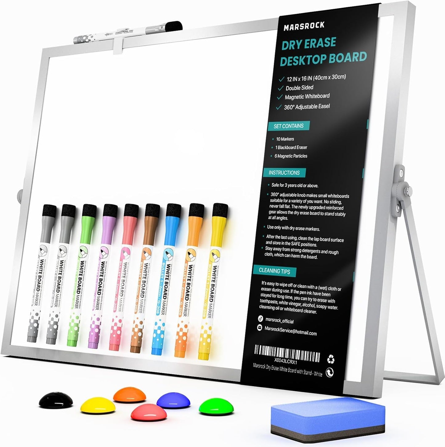 Marsrock Dry Erase White Board with Stand,Double-Sided Weekly Whiteboard 16"x12", 10 Markers, 6 Magnets, 1 Eraser, Portable Desktop Whiteboard for Planning,Weekly Schedule Board for School for Home